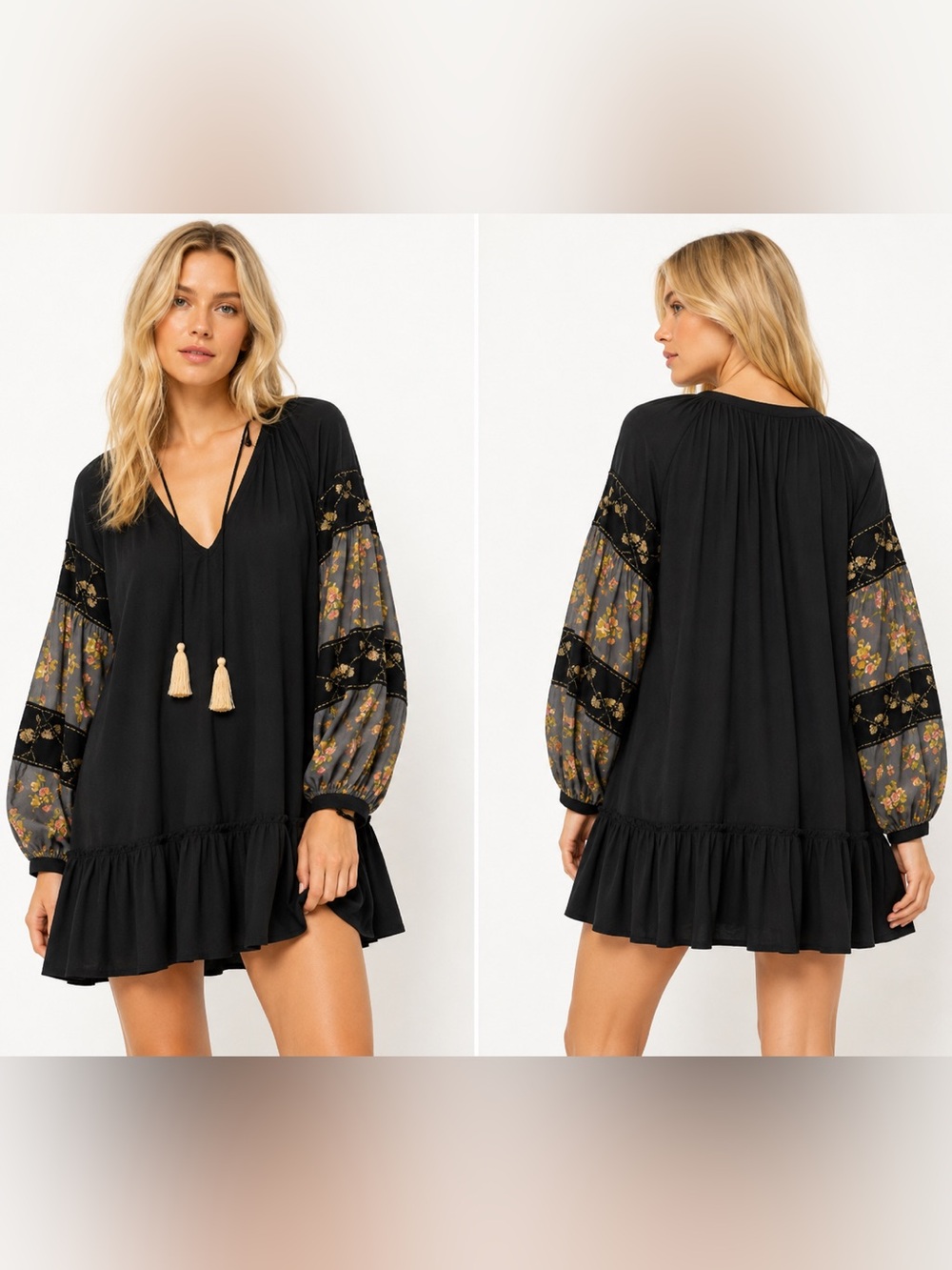 Free People Women’s S Black Floral Mix It Up Tunic Long Sleeve Babydoll Dress